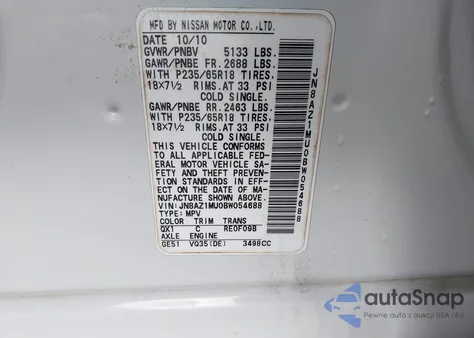2011 Nissan Murano S из США, поврежденный, VIN JN8AZ1MU0BW054688